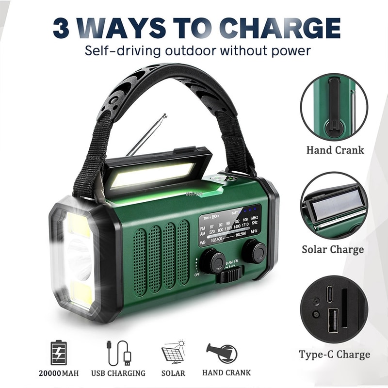 StormReady Solar Hand Crank Emergency Radio with Flashlight SOS Alarm and Power Bank