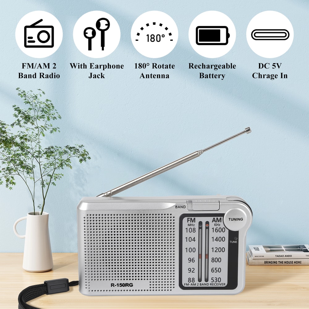 Portable AMFM Radio With Speaker Headphone Jack USB Charging Cable Compact Rechargeable Pocket Radi 1