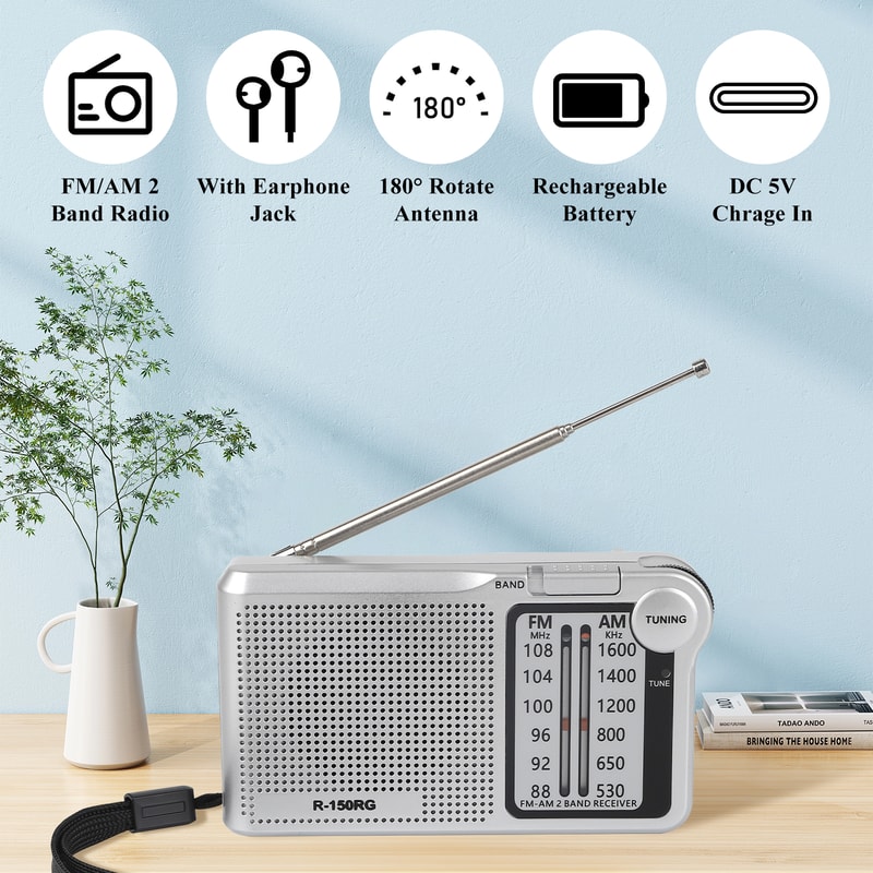 Portable AMFM Radio With Speaker Headphone Jack USB Charging Cable Compact Rechargeable Pocket Radi 1
