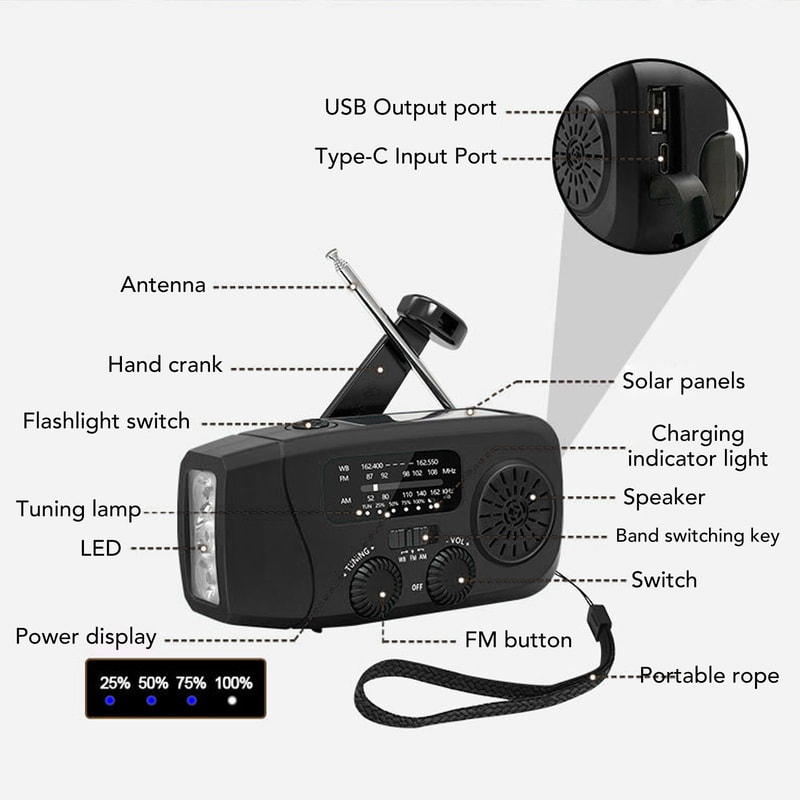Solar-Powered Emergency Radio with LED Flashlight & Phone Charger Waterproof, Battery for Outdoor Adventures
