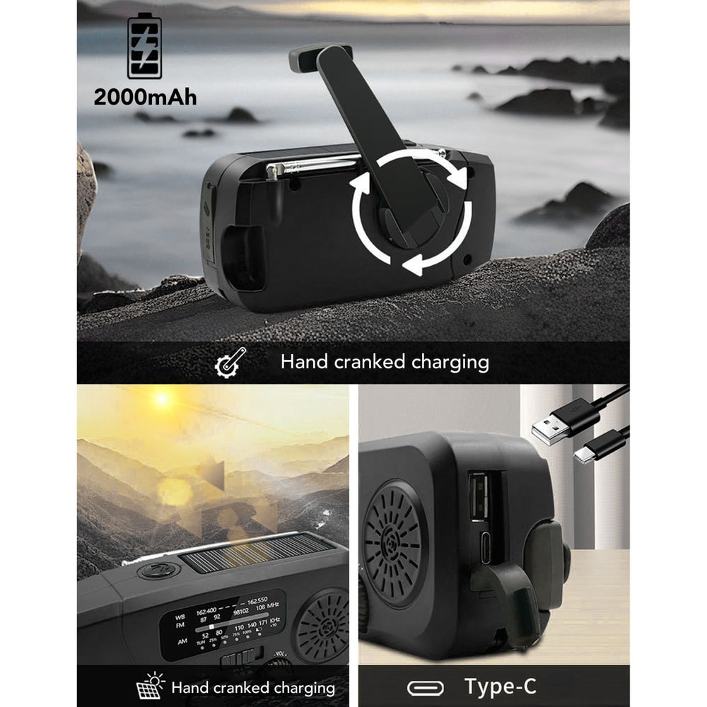 Solar-Powered Emergency Radio with LED Flashlight & Phone Charger Waterproof, Battery for Outdoor Adventures