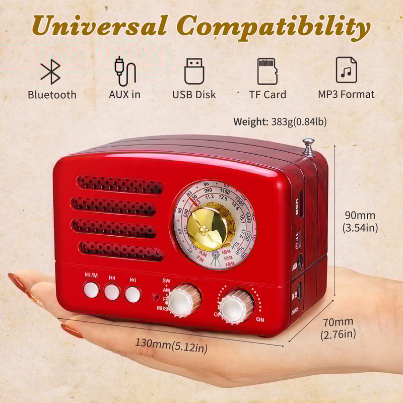 Portable Bluetooth Retro Radio, Rechargeable Battery