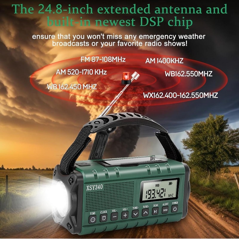 Hand Crank Solar Emergency Radio with Weather Alerts, Flashlight & SOS for Survival