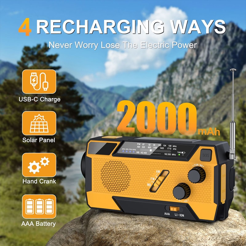 Multifunction Emergency Radio with Solar Hand Crank, USB Rechargeable Flashlight, Reading Lamp, and SOS Alarm