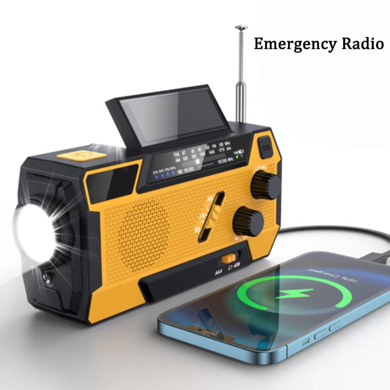 Multifunction Emergency Radio with Solar Hand Crank, USB Rechargeable Flashlight, Reading Lamp, and SOS Alarm
