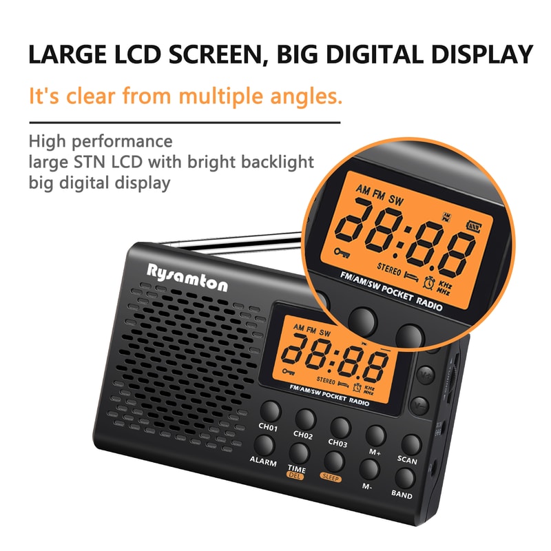 Portable AM/FM Shortwave Radio with Large Digital Display, Sleep Timer, and Alarm Clock Function, Battery Operated