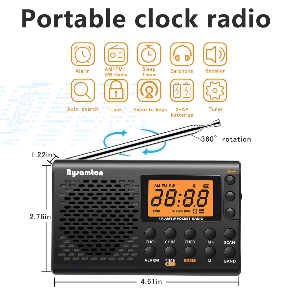 Portable AM/FM Shortwave Radio with Large Digital Display, Sleep Timer, and Alarm Clock Function, Battery Operated