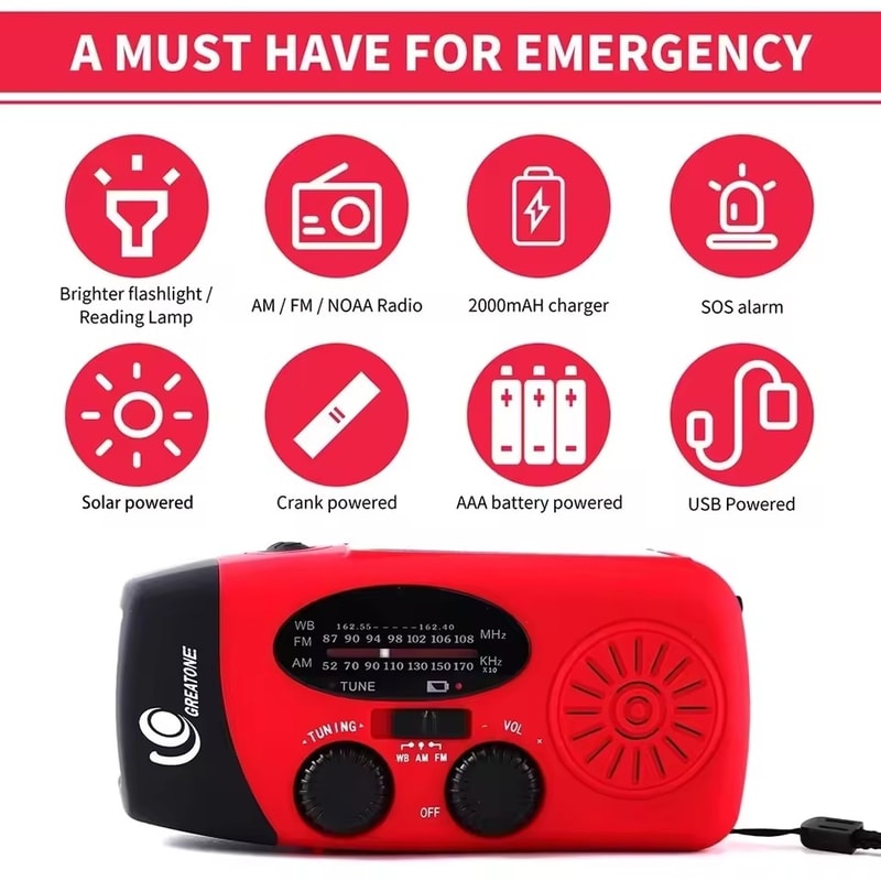 Multifunctional Portable Emergency Radio with Solar & Hand Crank Power Generation