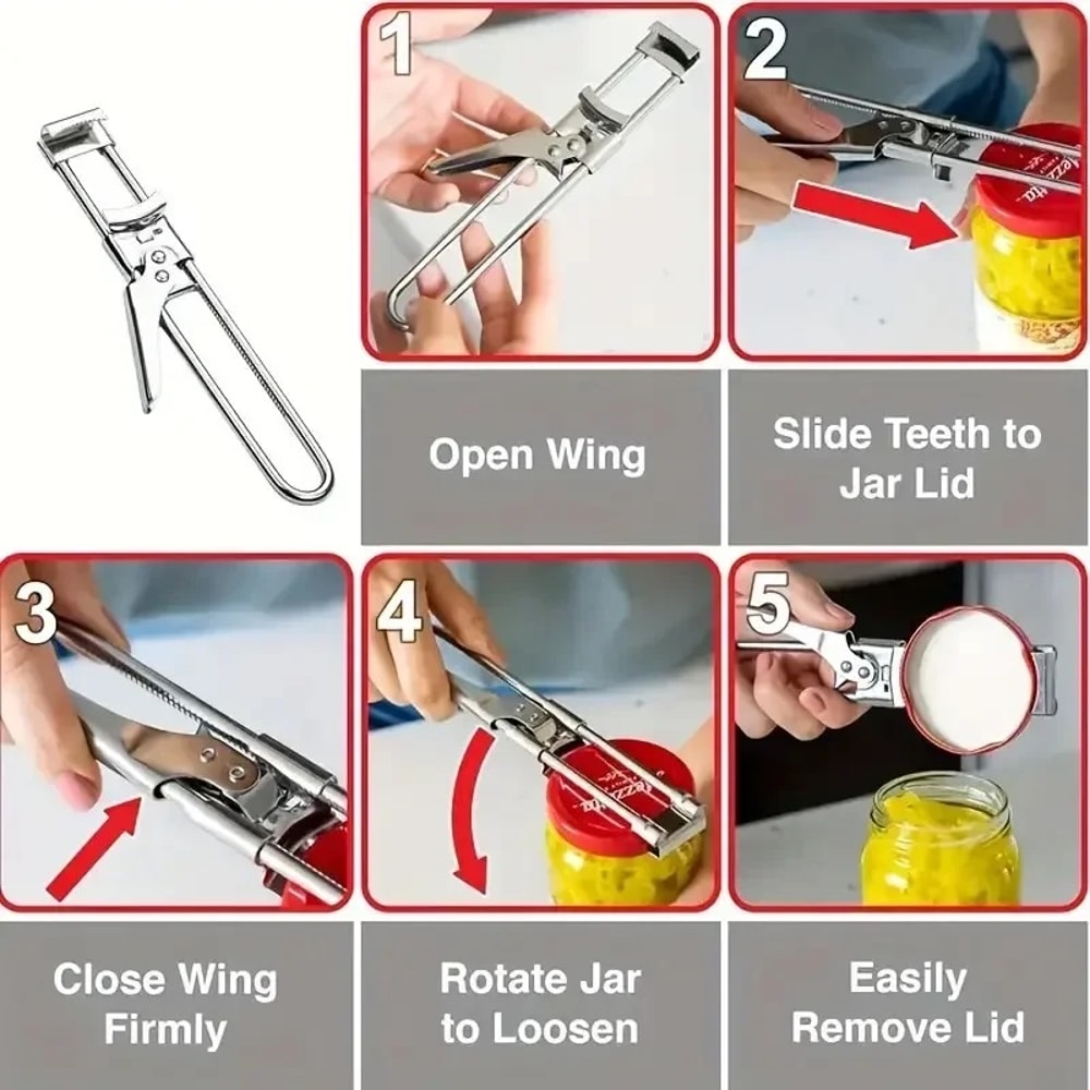 Adjustable Stainless Steel Jar Opener for Weak Hands and Bottle Lids