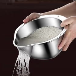 stainless steel rice washing bowl with side drainers for rice, quinoa and veggies