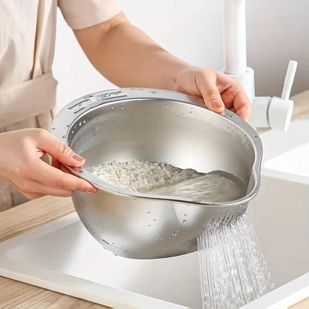 Stainless Steel Rice Washing Bowl with Side Drainers for Rice, Quinoa and Veggies