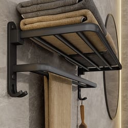 matte black folding towel holder with hook wall mount aluminum towel rack
