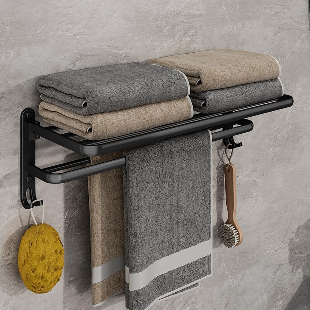 Matte Black Folding Towel Holder with Hook Wall Mount Aluminum Towel Rack