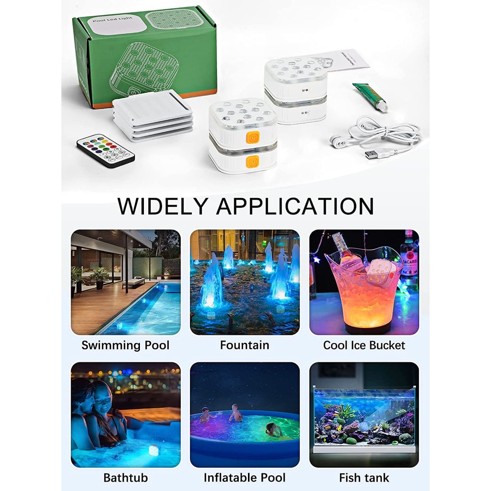 LED Submersible Pool Lights with Remote Control, Rechargeable Underwater Lights, Color Changing Timer for Pools