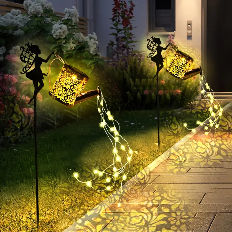 Solar Watering Can Lights Outdoor Waterfall Garden String Fairy Lights Solar Kettle Projection Ligh 0