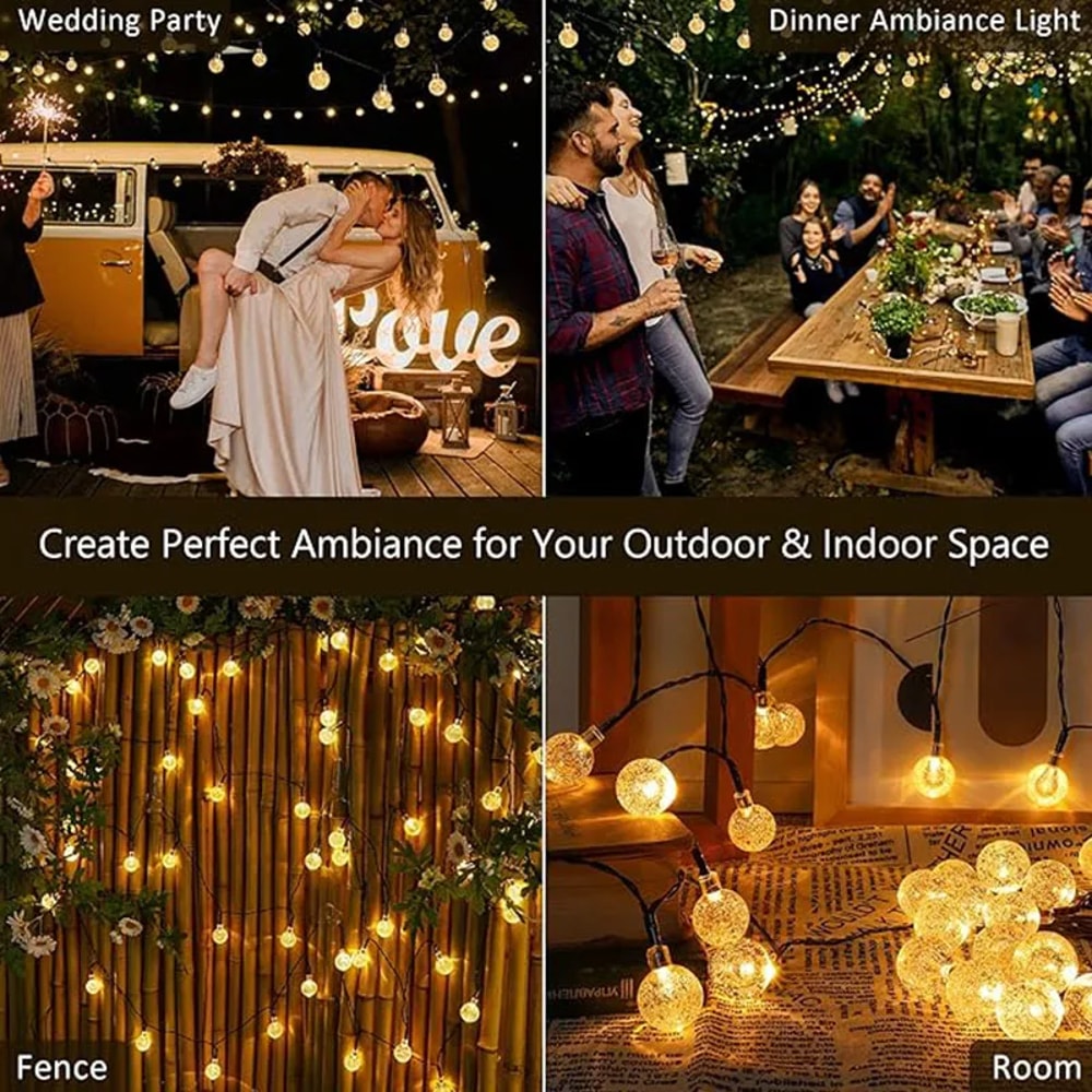 Solar String Lights LED Crystal Globe Outdoor Waterproof with Lighting Modes Perfect for Garden.