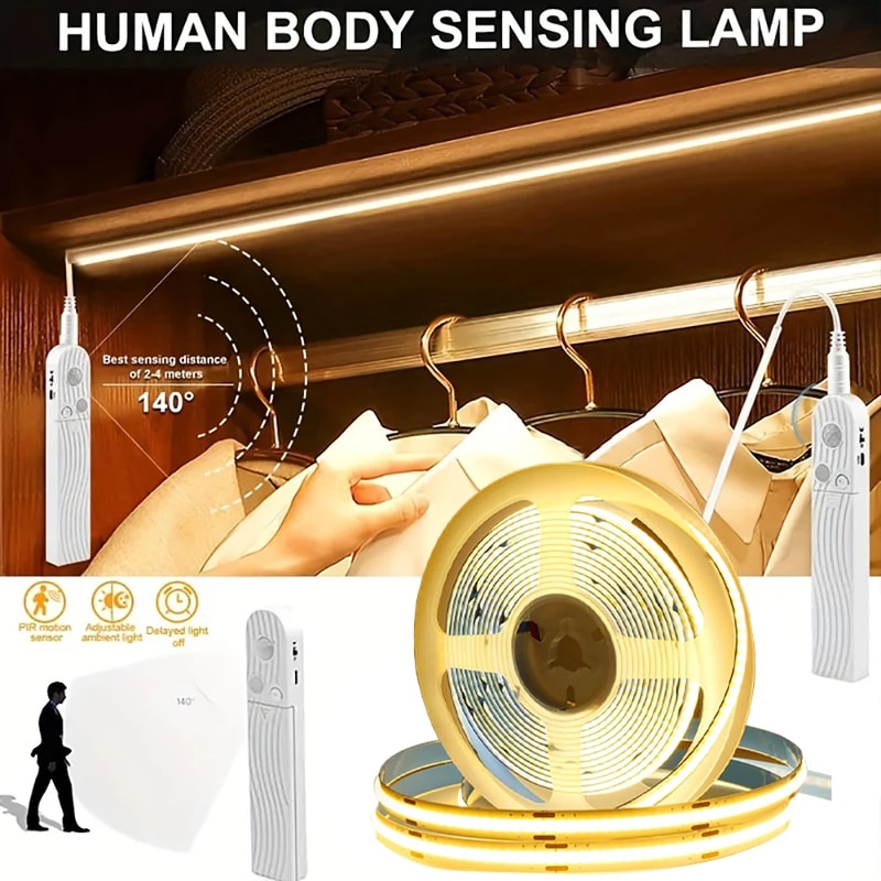 Motion Sensor LED Strip Lights Battery Powered, LEDs/m for Stairways, Bedrooms & Closets