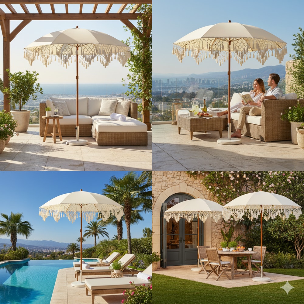 Reversible Portable Umbrella with Triangle Fringe Decoration Perfect for Courtyards, Balconies, and Beach Use