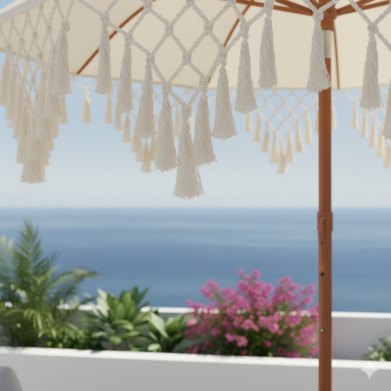 Reversible Portable Umbrella with Triangle Fringe Decoration Perfect for Courtyards, Balconies, and Beach Use