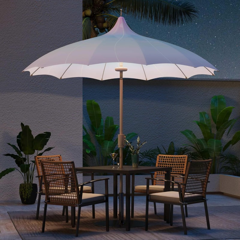 Outdoor Patio Umbrella with Lights Rotating Market Umbrella with Petal Canopy Design