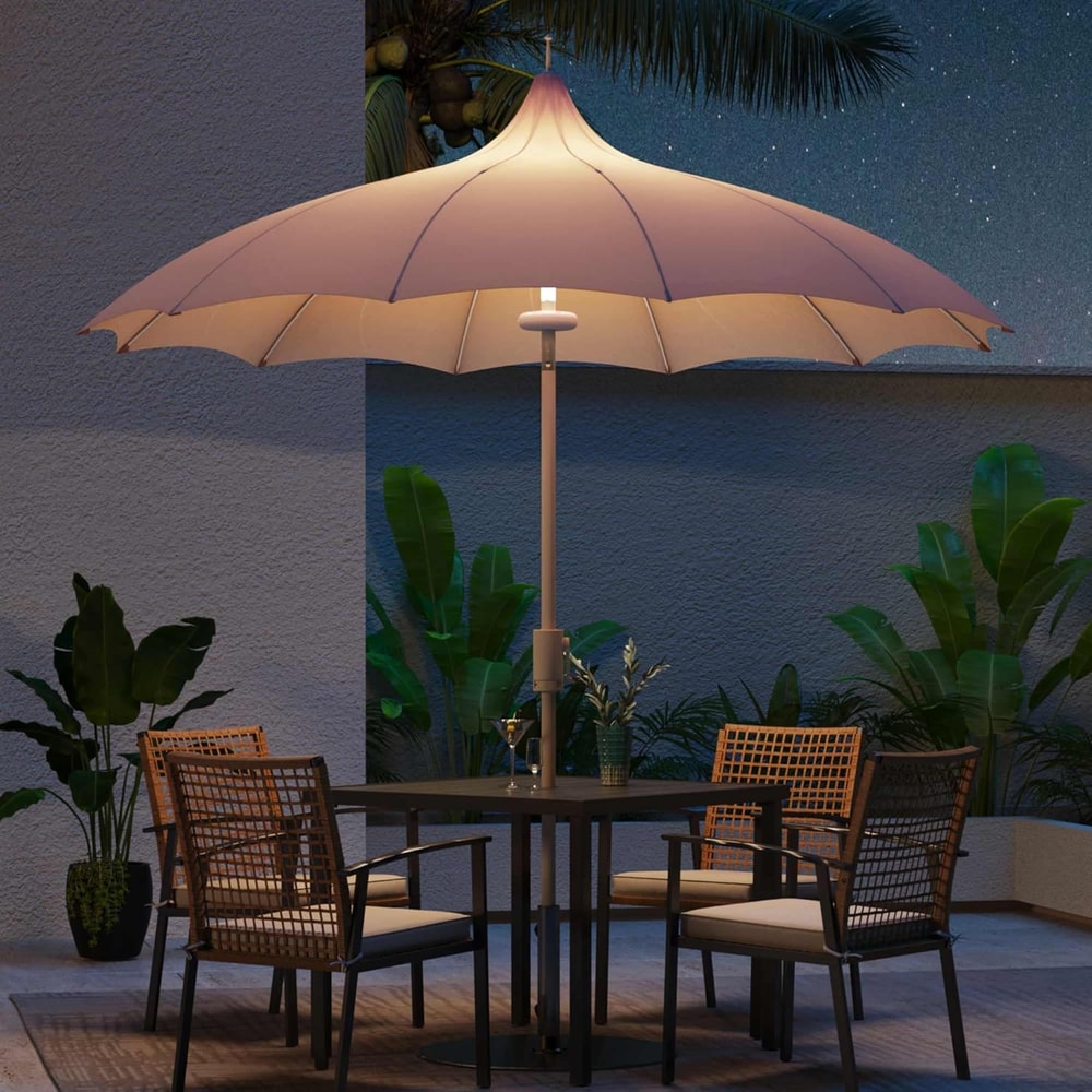 Outdoor Patio Umbrella with Lights Rotating Market Umbrella with Petal Canopy Design