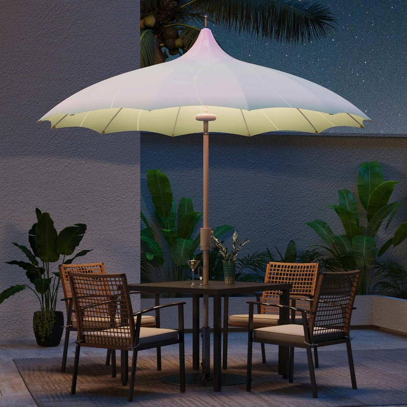 Outdoor Patio Umbrella with Lights Rotating Market Umbrella with Petal Canopy Design