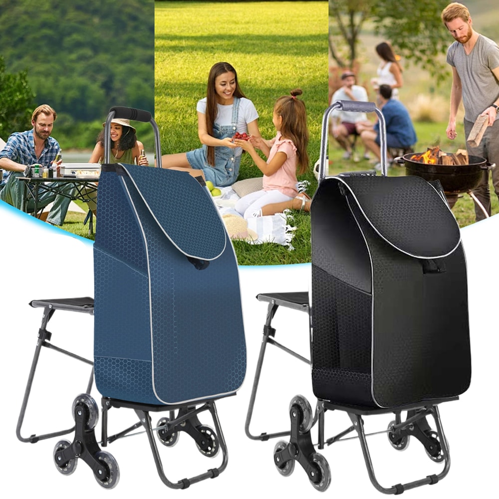 Foldable Stair Climbing Cart with Seat and Waterproof Bag for Groceries, Laundry and Travel