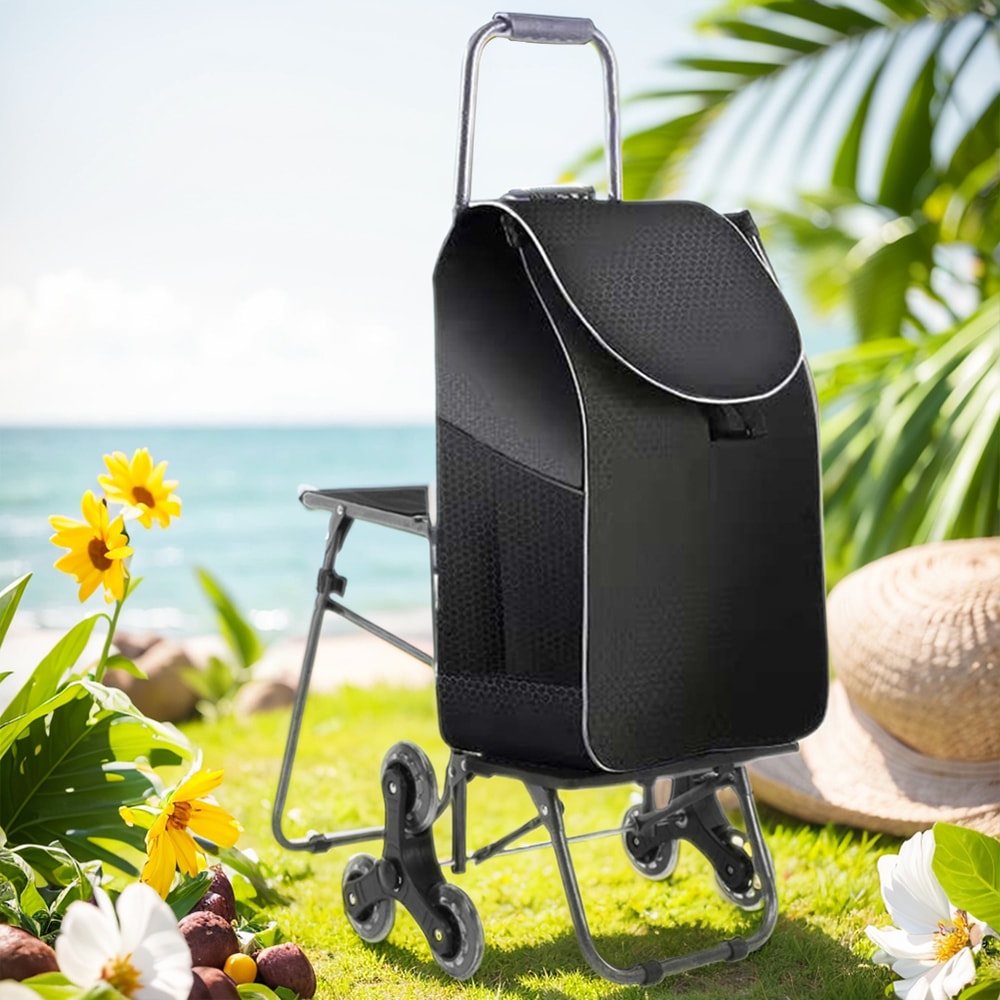 Foldable Stair Climbing Cart with Seat and Waterproof Bag for Groceries, Laundry and Travel