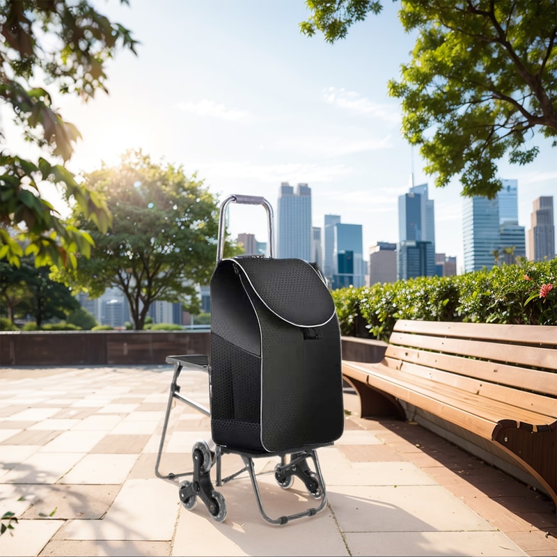 Foldable Stair Climbing Cart with Seat and Waterproof Bag for Groceries, Laundry and Travel