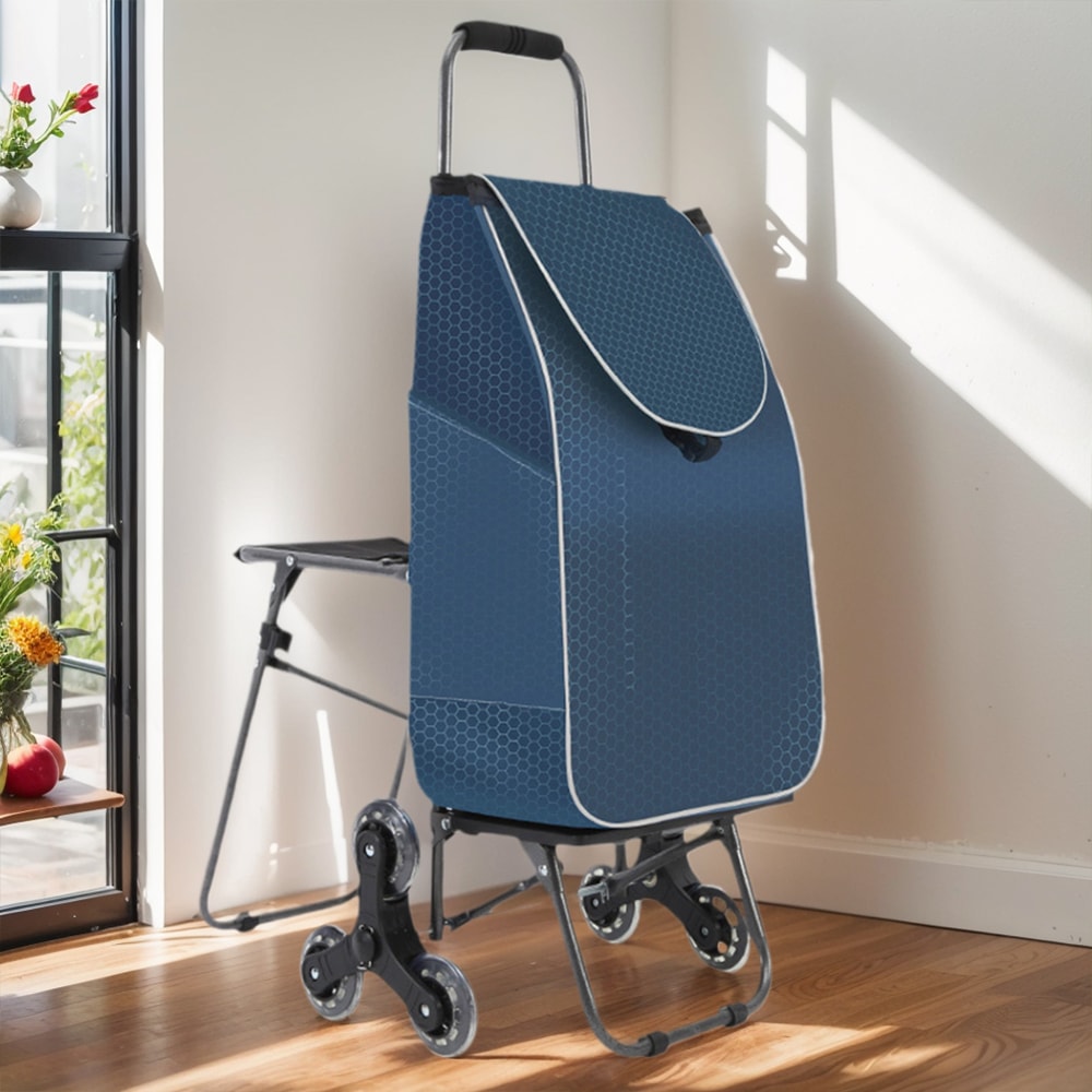 Foldable Stair Climbing Cart with Seat and Waterproof Bag for Groceries, Laundry and Travel