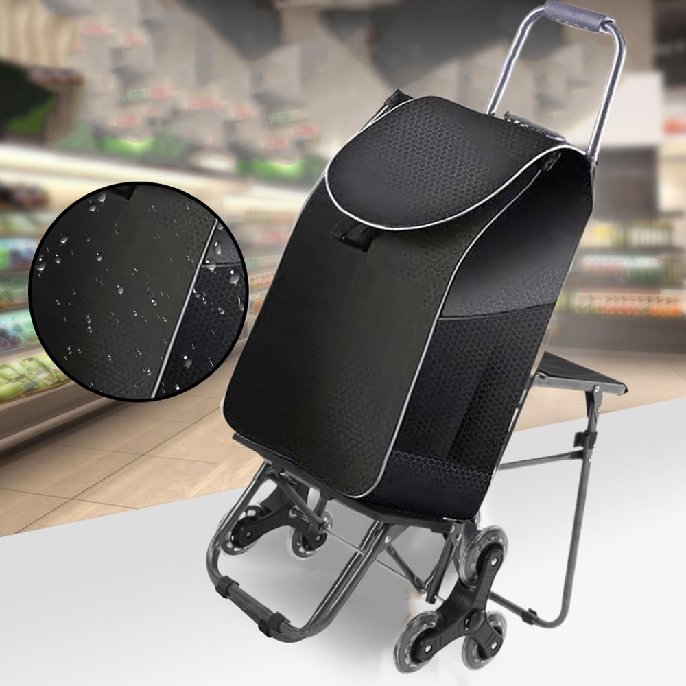 Foldable Stair Climbing Cart with Seat and Waterproof Bag for Groceries, Laundry and Travel