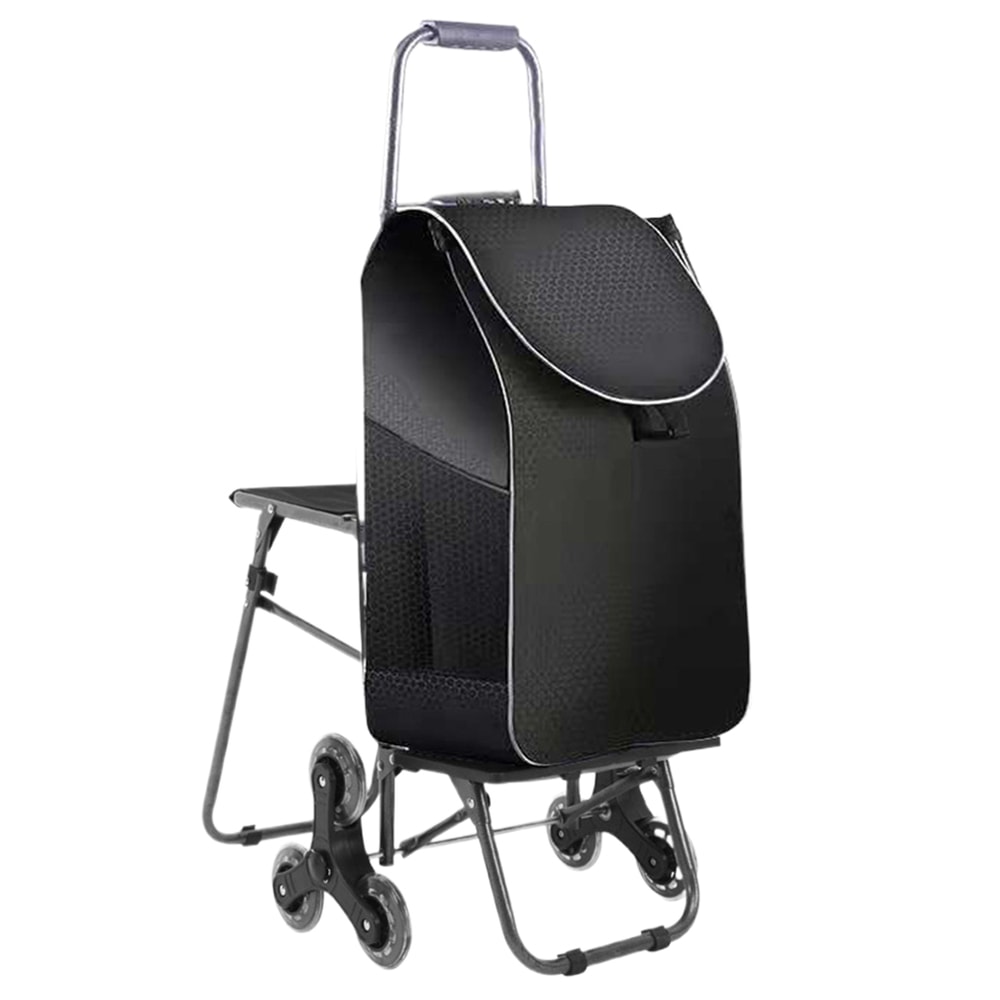 Foldable Stair Climbing Cart with Seat and Waterproof Bag for Groceries, Laundry and Travel