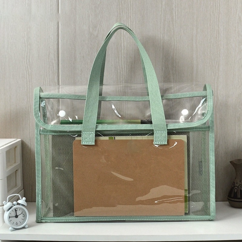 Large Clear Tote Bag Waterproof Transparent PVC Tote Bag with Mesh Pocket and Reinforced Handles