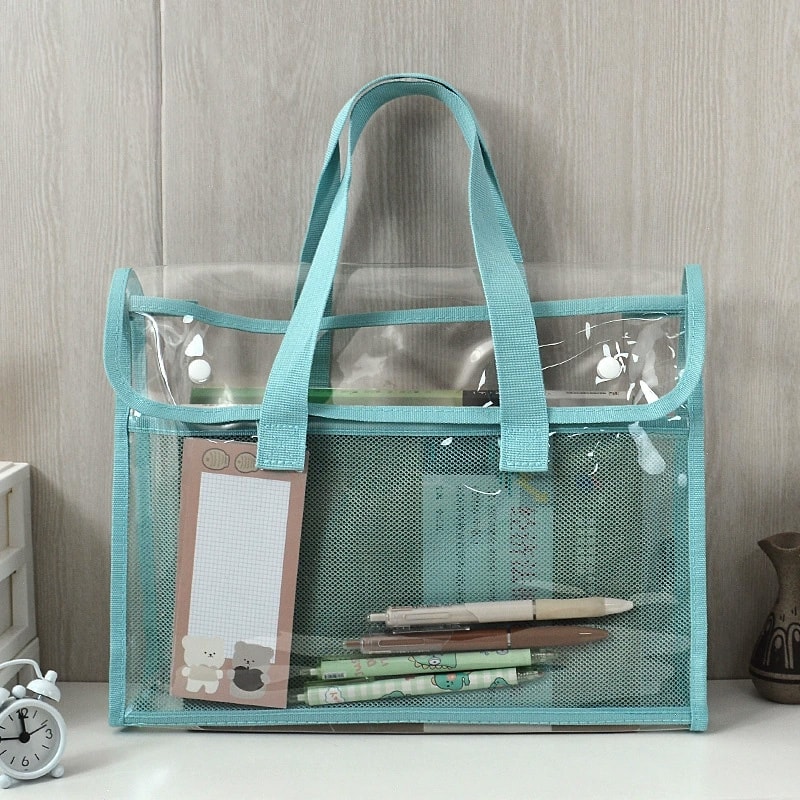 Large Clear Tote Bag Waterproof Transparent PVC Tote Bag with Mesh Pocket and Reinforced Handles