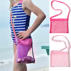 kids mesh beach bag for shell collecting and beach toy storage