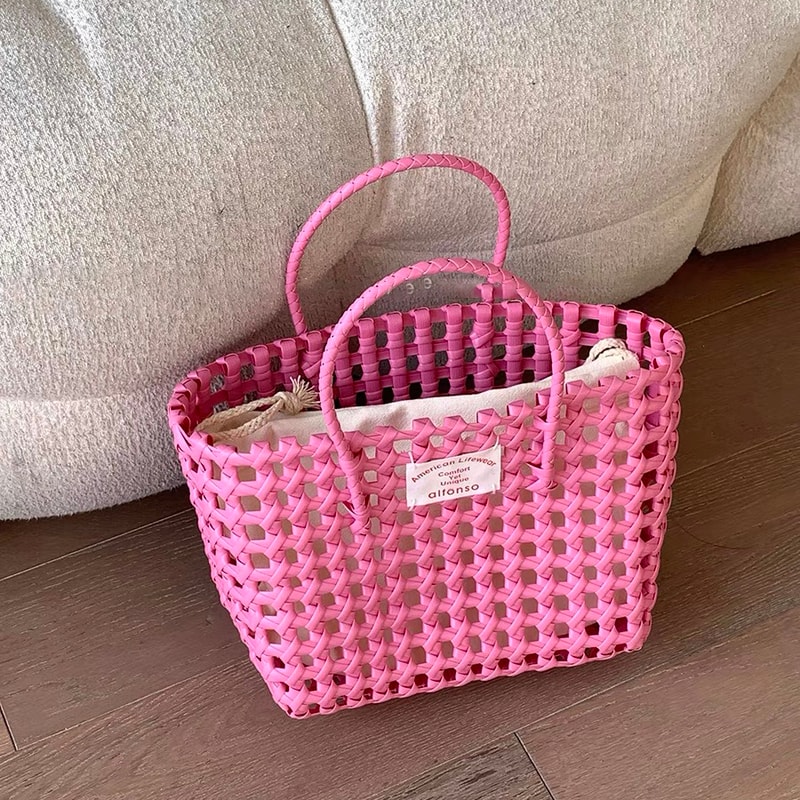 Candy Color Woven Beach Bag Summer Tote Picnic Basket Handbag 5