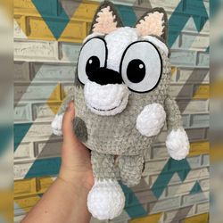 Inclusive handmade toy Muffin from Bluey cartoon with amputated leg or arm, a perfect gift for children