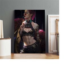 cyberpunk girl poster, neon girl wall art, premium