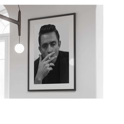 johnny cash smoking poster, black and white, vintage