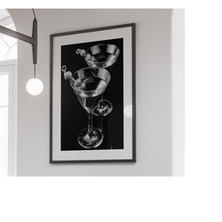 martini poster, bar cart print, black and white,