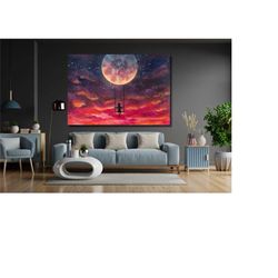 moon and girl, red clouds wall art, moon