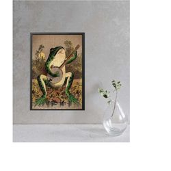 frog playing banjo in the moonlight, vintage poster,