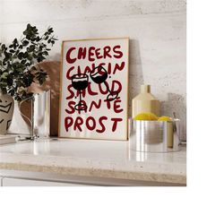 cheers hand drawn kitchen print, retro drinks art, cin cin poster, bar cart decor, printable wall art