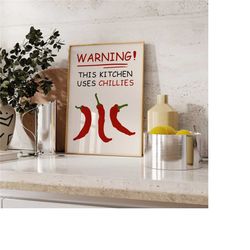 chili hand drawn kitchen print, retro foodie art, bar cart decor, trendy cooking poster, printable wall art