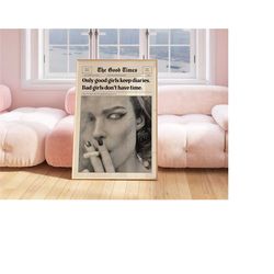 trendy newspaper print, y2k poster, dorm decor, preppy girl wall art, bad girls don't have time, printable artwork