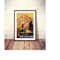 mountain cook, travel poster, new zealand tourism vintage poster, large size, hq file, download and print instantly retr