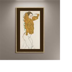 egon schiele girl undressing print framed canvas, art decor, artistic canvas wall art, vintage poster, modern evening au