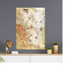 trendy wall art,piri reis map,glass art gift,glass art wall decor,personalized glass art,vintage map glass decor,piri re