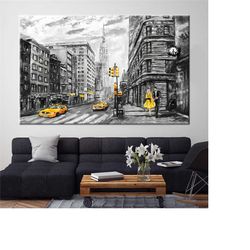 Woman And Man On The Streets Of New York, New York Landscape, New York Wall Art, Yellow Taxi, Gray And Yellow Canvas, St