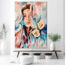 woman and roses, girl wall art, girl canvas, girl poster, woman canvas, woman wall art, woman poster, watercolor woman a